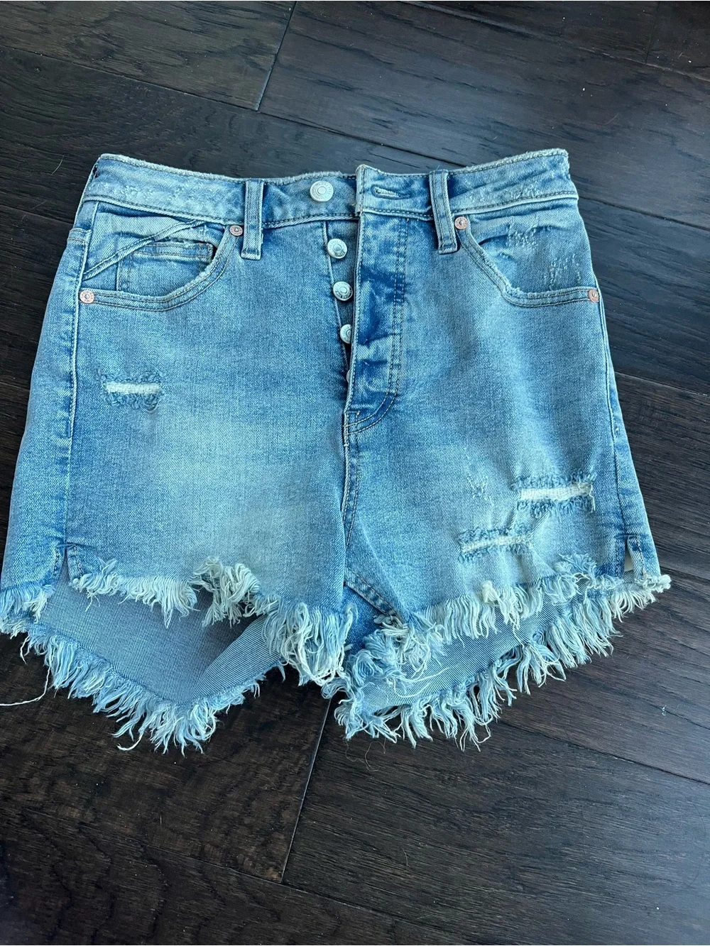 Free People Light Blue Distressed High-Rise Denim Shorts